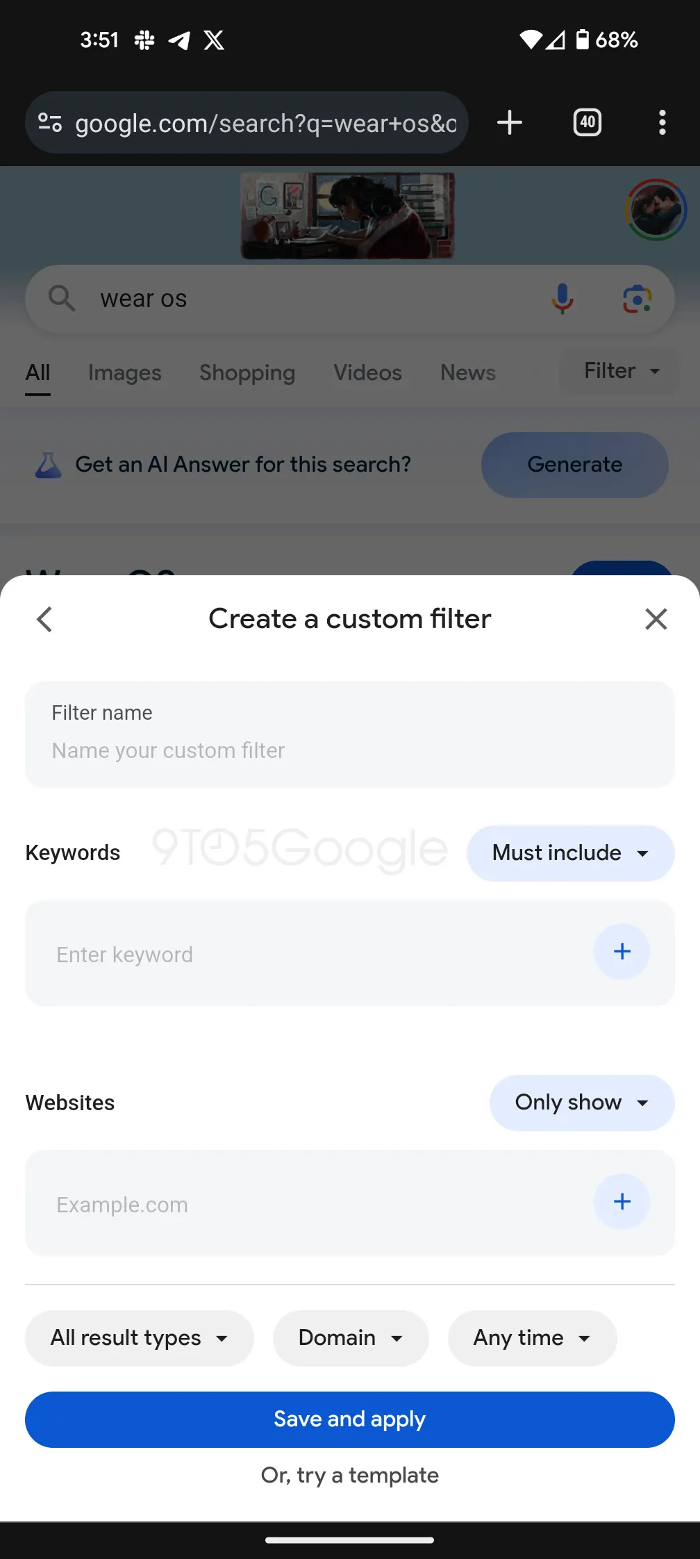 Screenshot of an example of setting up a custom filter in Google