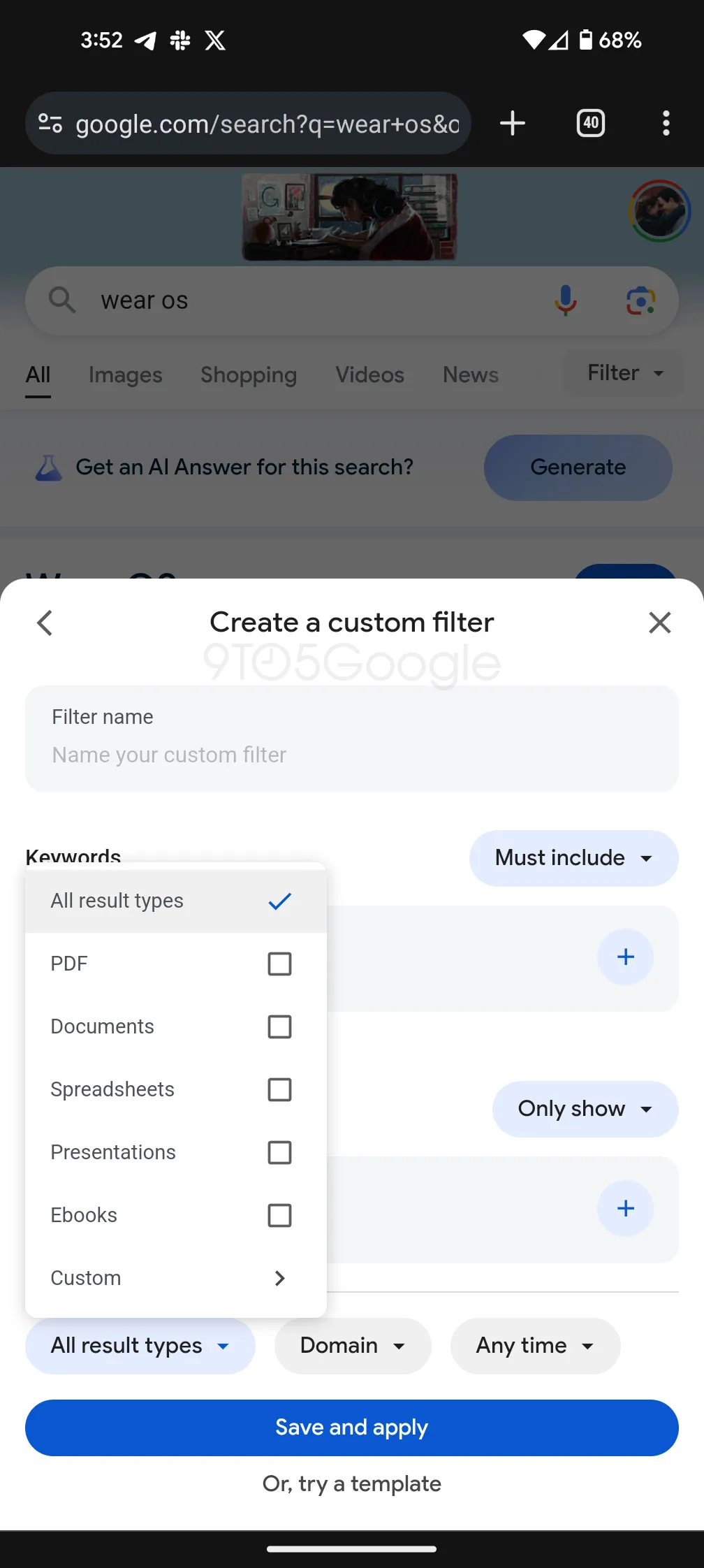 Screenshot of an example of setting up a custom filter in Google