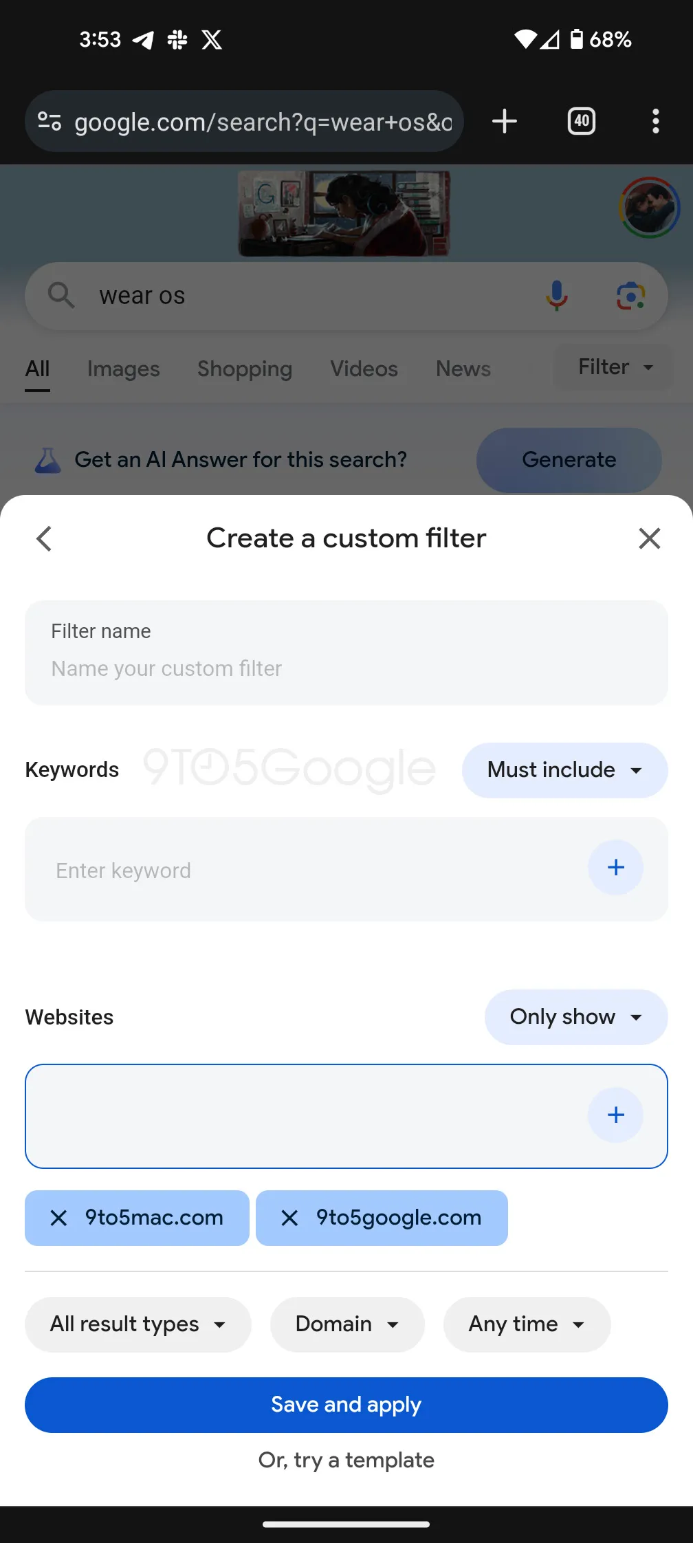 Screenshot of an example of setting up a custom filter in Google