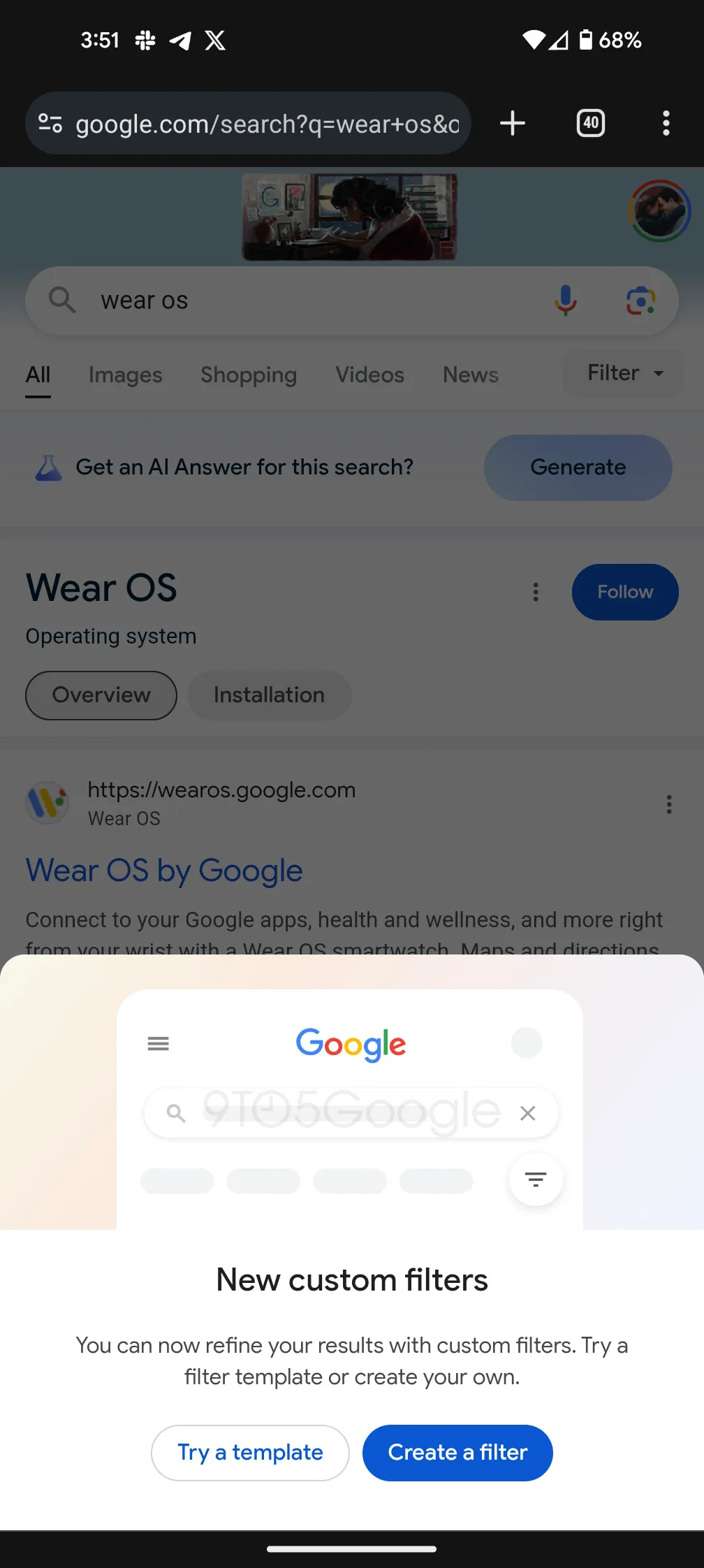 Screenshot of an example of setting up a custom filter in Google