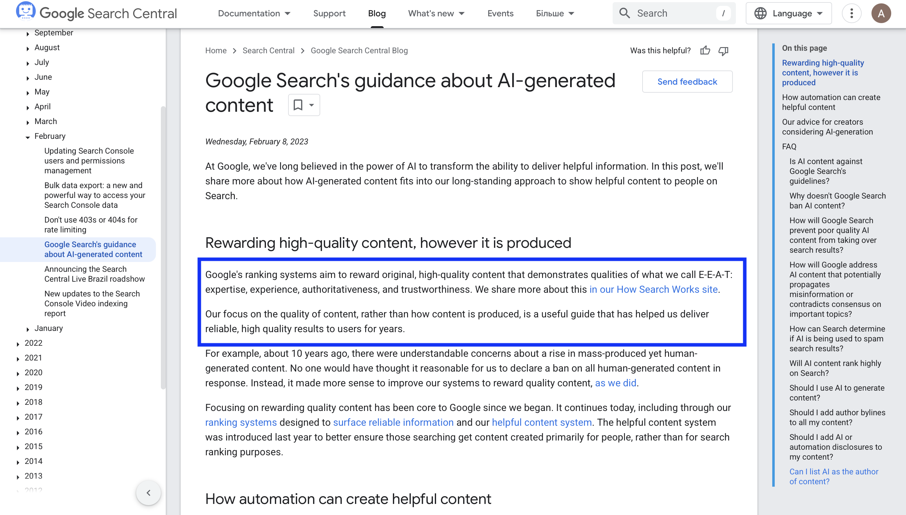 документ від Google Search Central стосовно АІ-згенерований контент